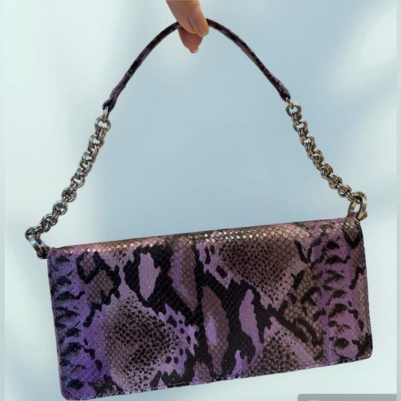 None Handbags - Purple snakeskin purse with short shoulder strap, chain detail. Magnet closure.